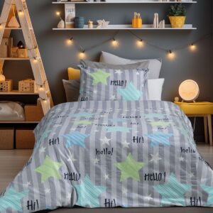 Beauty Home Σετ σεντόνια φανελένια μονά με λάστιχο Hello Art 6321 105×200+32 Γκρι,Μπλε